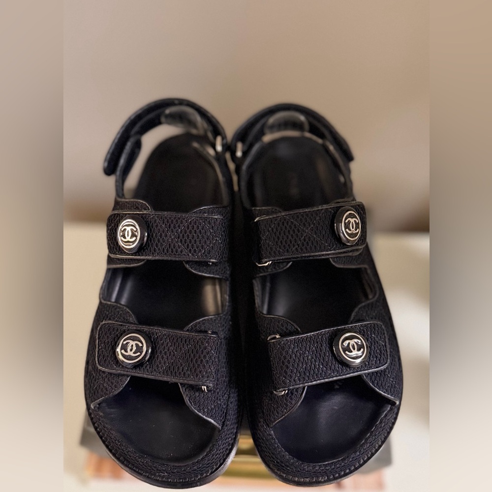 AUTHENTIC CHANEL DAD SANDALS  Leather Mesh Flat 37.5  7-7.5
